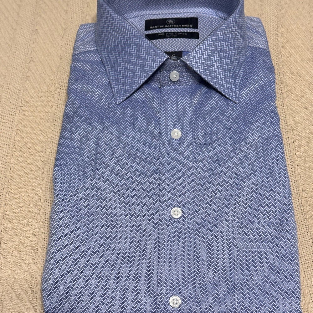 Hart Schaffner Marx Blue Patterned Dress Shirt 17” x 33”. 100% Pima cotton.